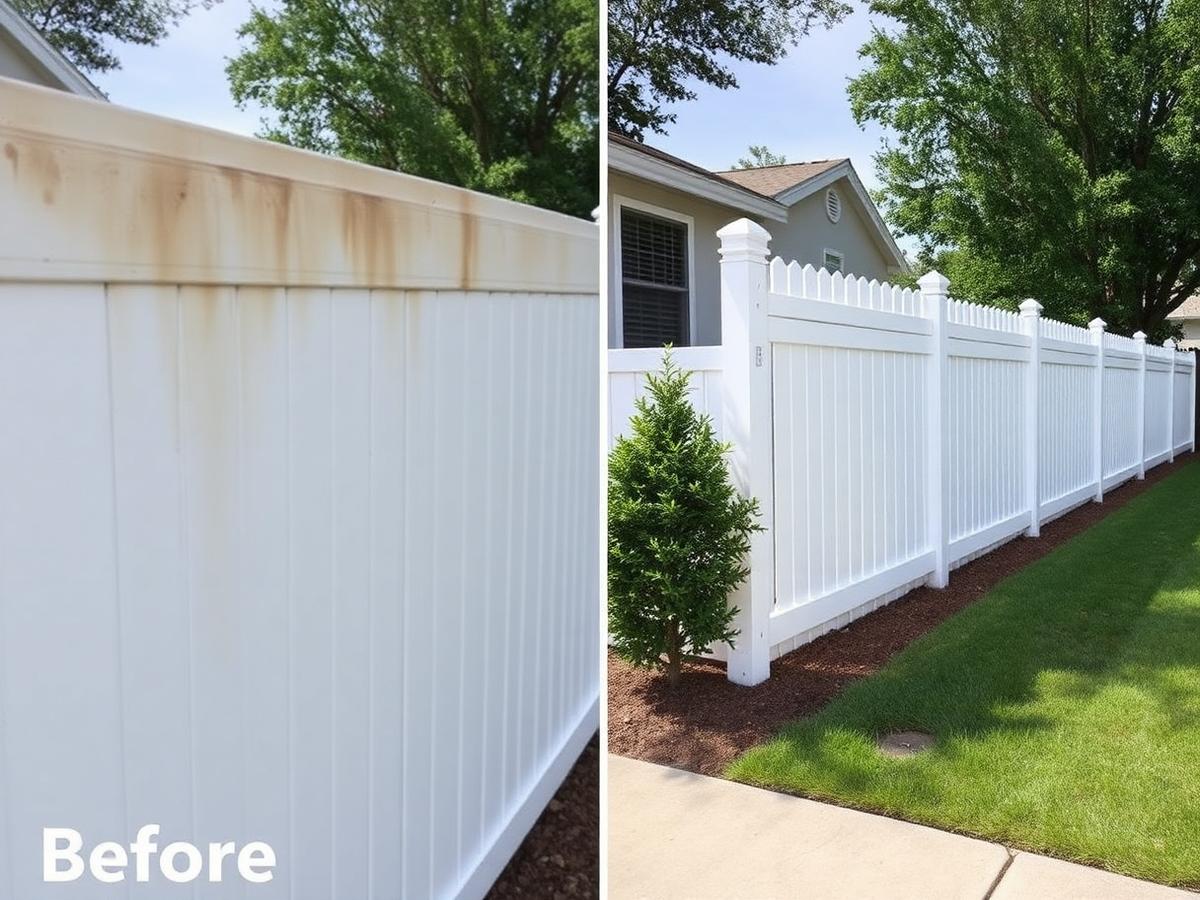 Before and after vinyl fence cleaning