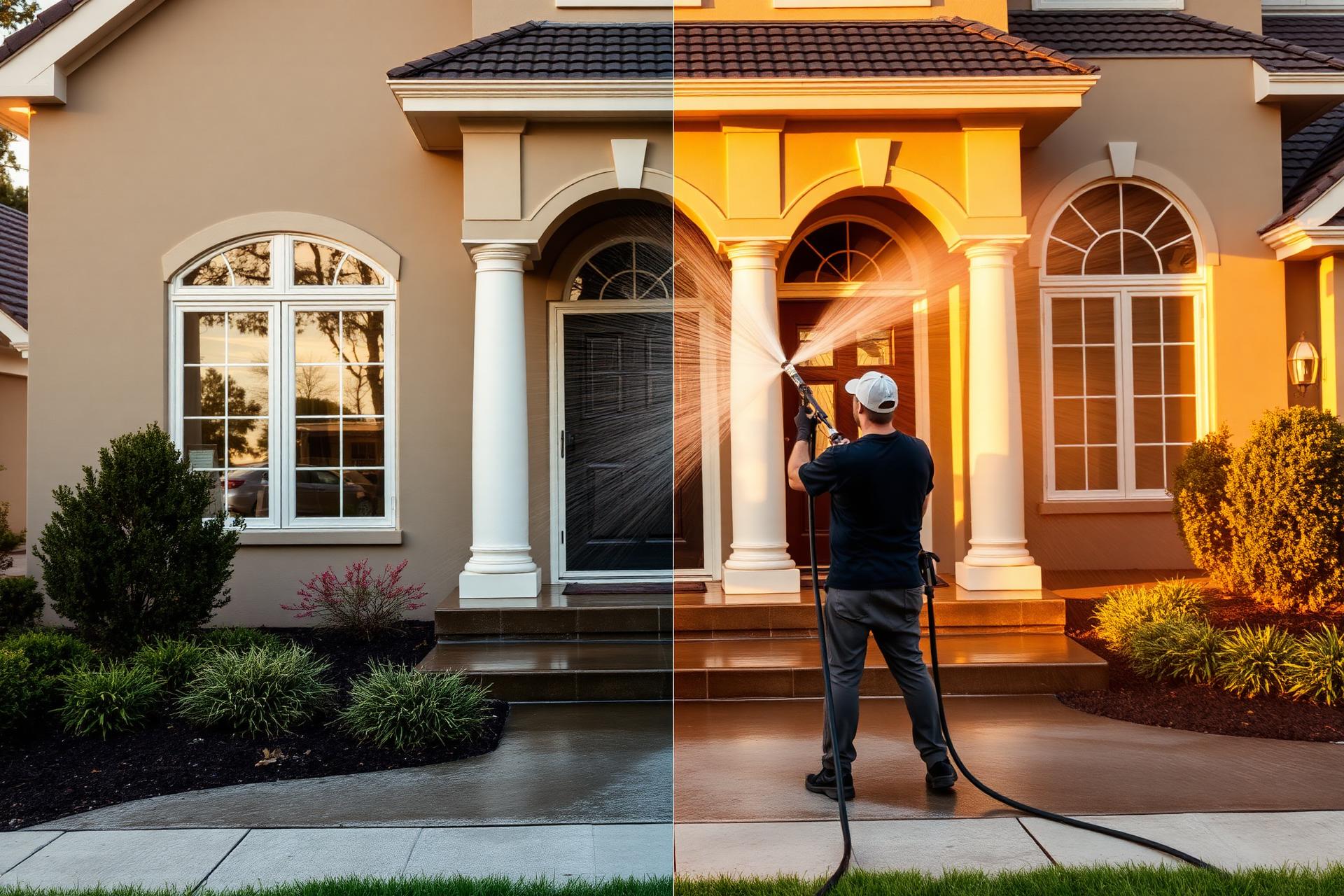 Pressure washing revealing a spotless clean home exterior