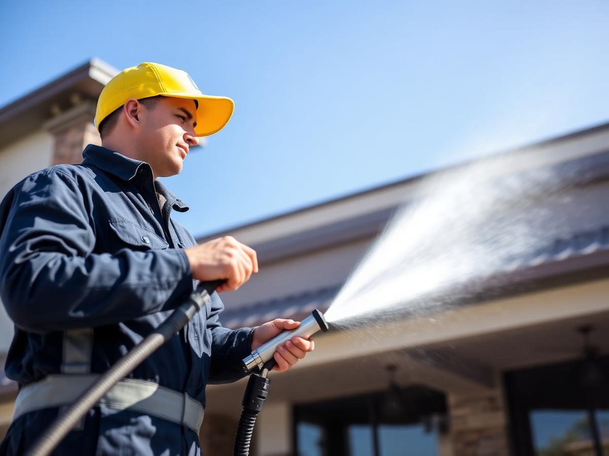 Professional pressure washing technician cleaning a commercial building